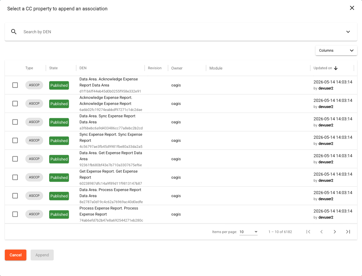 Select a CC property to append an association dialog listing candidate properties with checkboxes