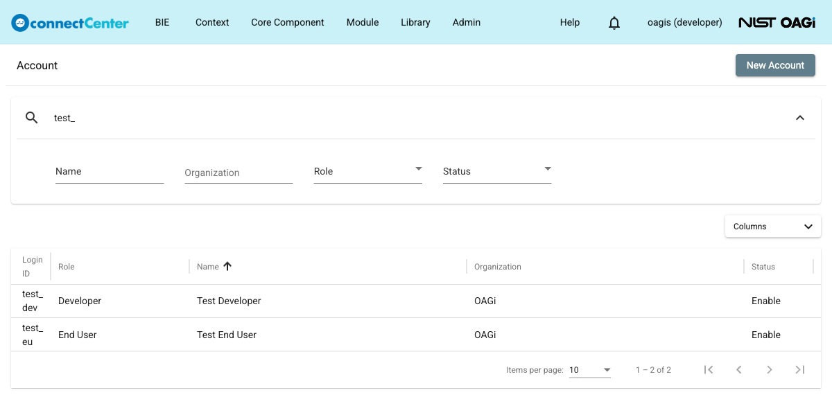 Account page listing user accounts with the advanced search filters expanded above the Login ID, Role, Name, Organization, and Status columns