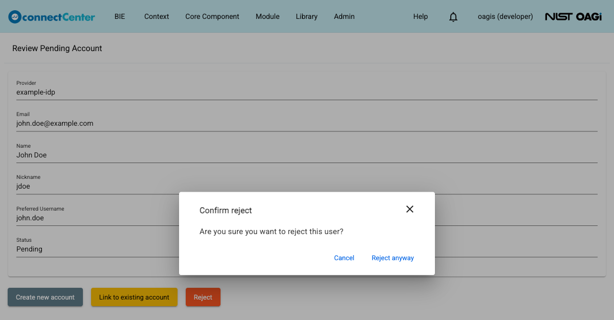 Confirm reject dialog asking Are you sure you want to reject this user, with the Reject anyway and Cancel buttons