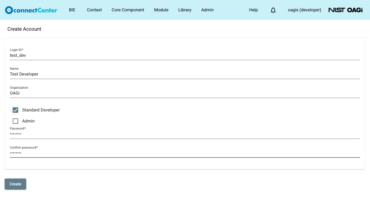 Create Account page with the Login ID, Name, and Organization fields filled out, the Standard Developer checkbox checked, and the two password fields entered