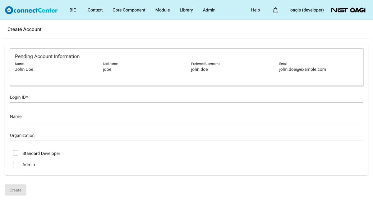 Create Account page opened from a pending SSO request, with the read-only Pending Account Information section at the top, the disabled Standard Developer checkbox, and no password fields
