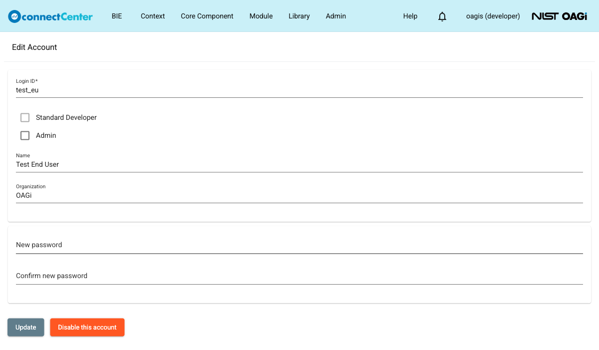 Edit Account page showing the Login ID, Name, and Organization fields, the disabled Standard Developer checkbox, the Admin checkbox, the New password fields, and the Update and Disable this account buttons