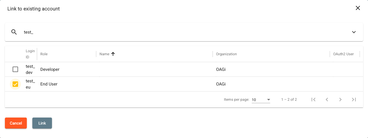 Link to existing account dialog with two search results and one account selected, enabling the Link button