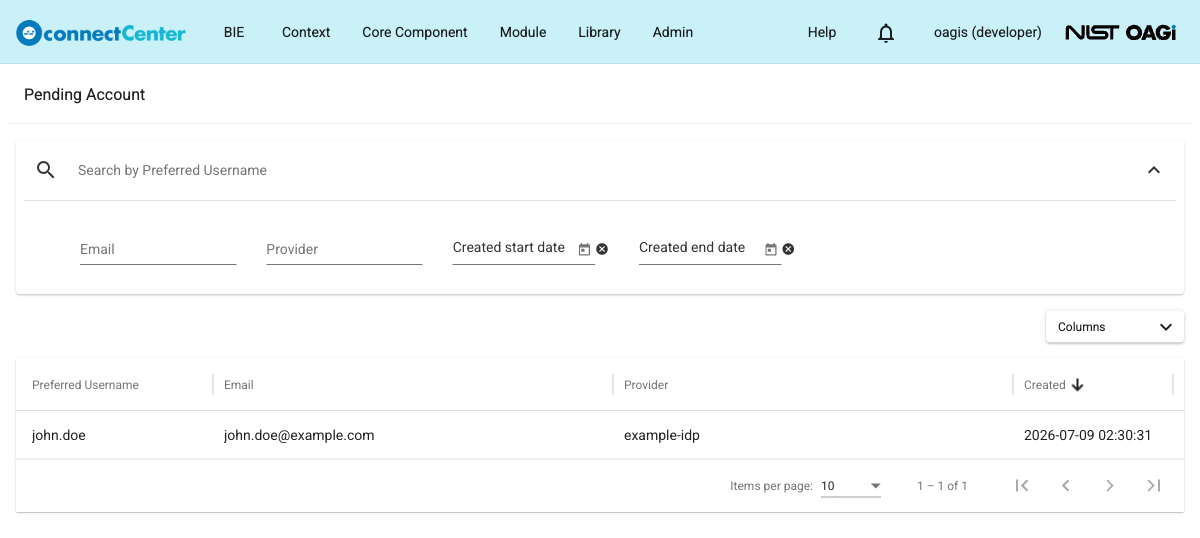 Pending Account page with the advanced search filters expanded and one pending entry listed with its Preferred Username, Email, Provider, and Created values