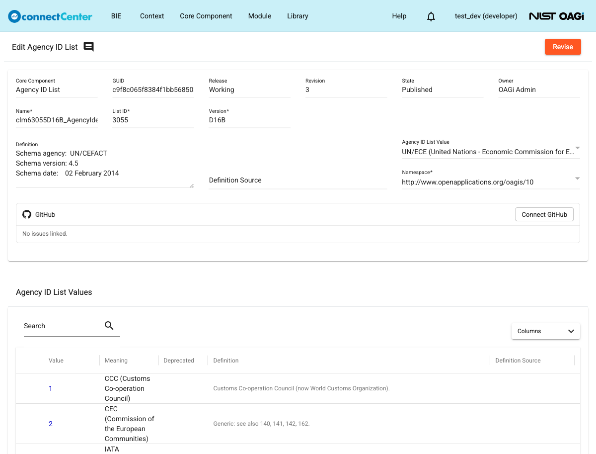 Edit Agency ID List page showing the Name, List ID, Version, Agency ID List Value, and Namespace fields and the Agency ID List Values table