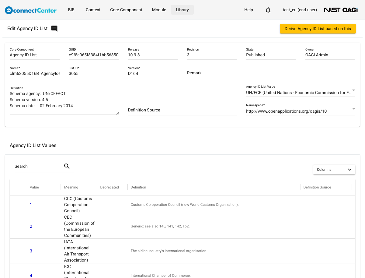 Edit Agency ID List page of the published developer Agency ID List showing the Derive Agency ID List based on this button and the Agency ID List Values table with the Value, Meaning, Deprecated, Definition, and Definition Source columns