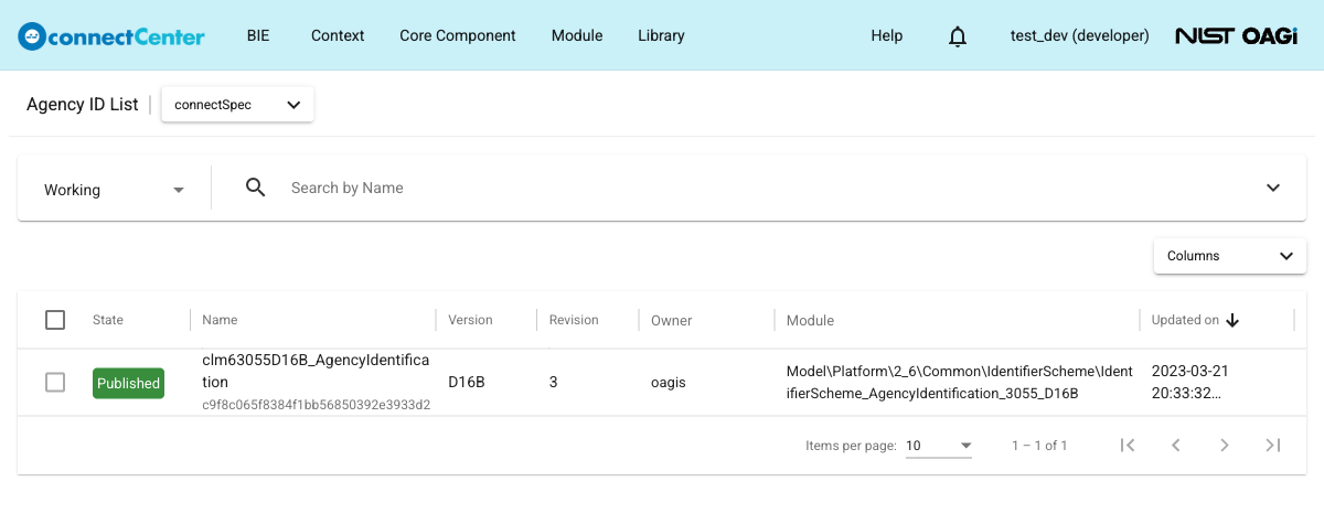 Agency ID List page listing the single developer Agency ID List in the Published state