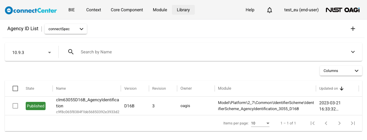 Agency ID List page as an end user with the 10.9.3 release branch selected, the Search by Name bar, the Columns chooser, and the published developer Agency ID List listed