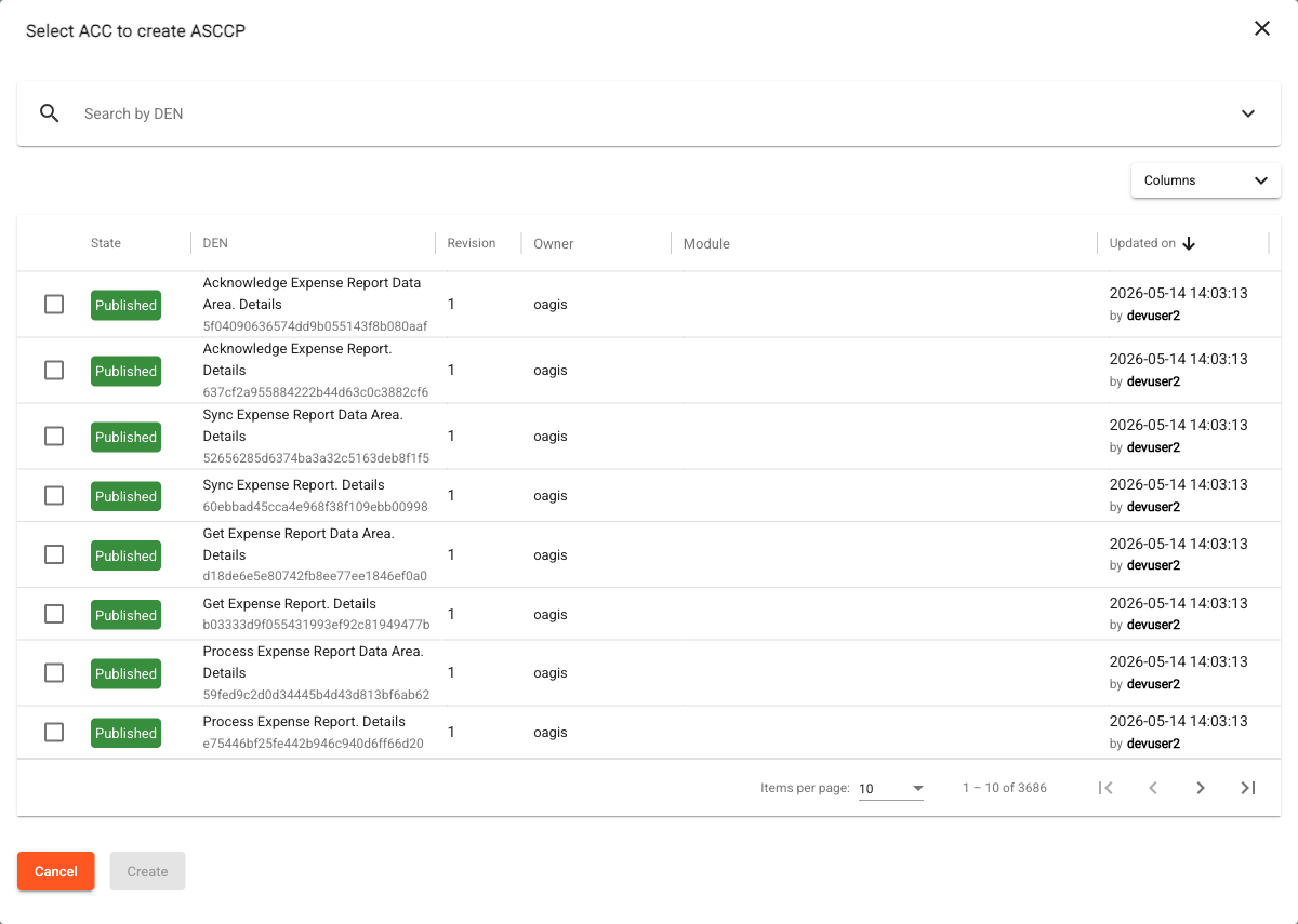 Select ACC to create ASCCP dialog listing published ACCs with checkboxes