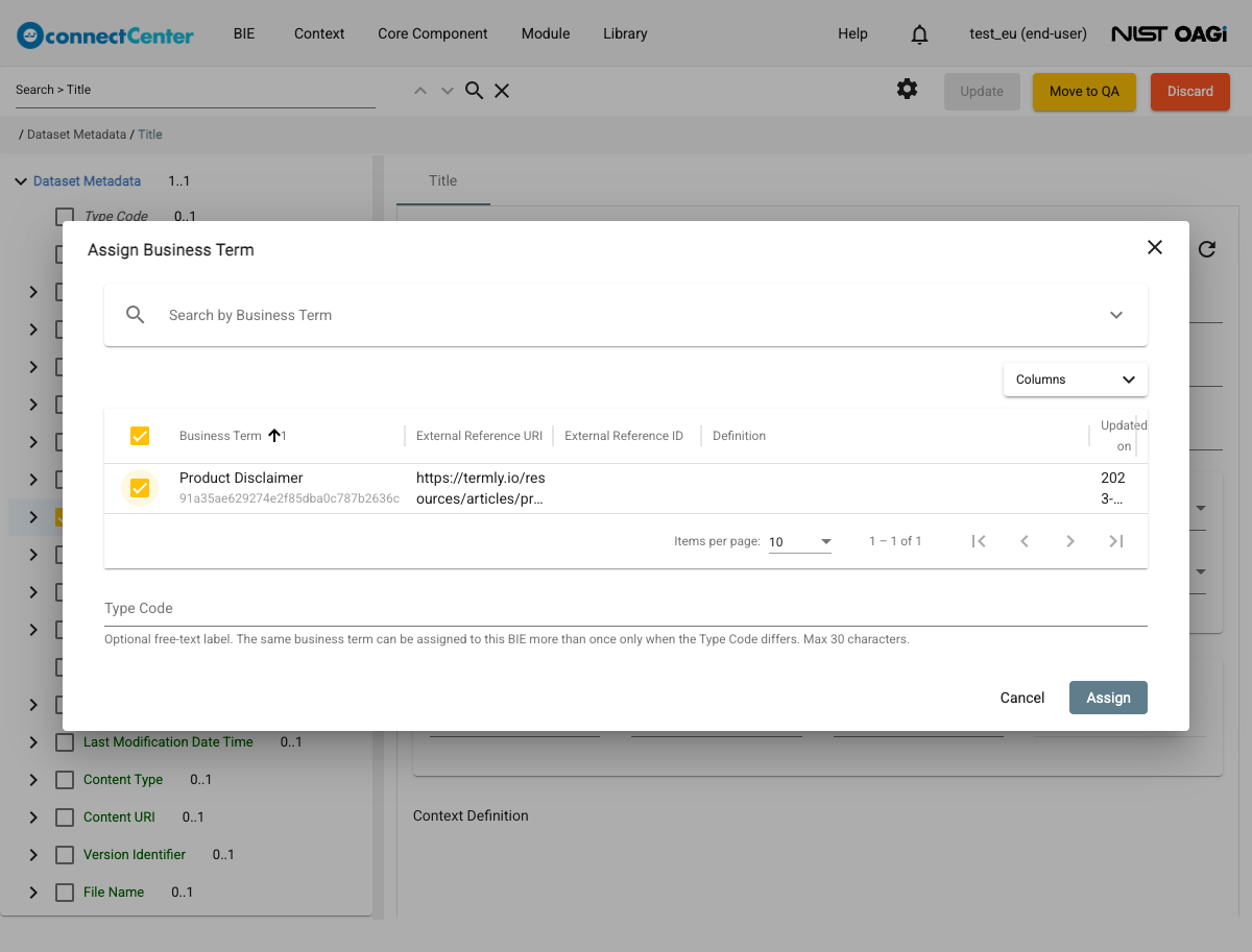 Assign Business Term dialog with one business term selected and the Type Code field with its helper text above the Cancel and Assign buttons