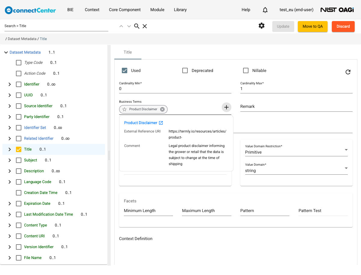 Edit BIE page with a BBIE node selected and the Business Terms chip's hover preview card showing the term name, External Reference URI, and Comment
