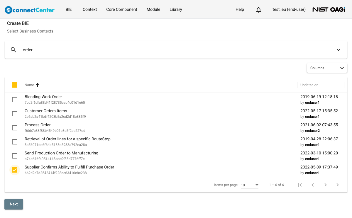 Create BIE page on the Select Business Contexts step, with a business-context search for "order" and one Business Context checked so that the Next button is enabled