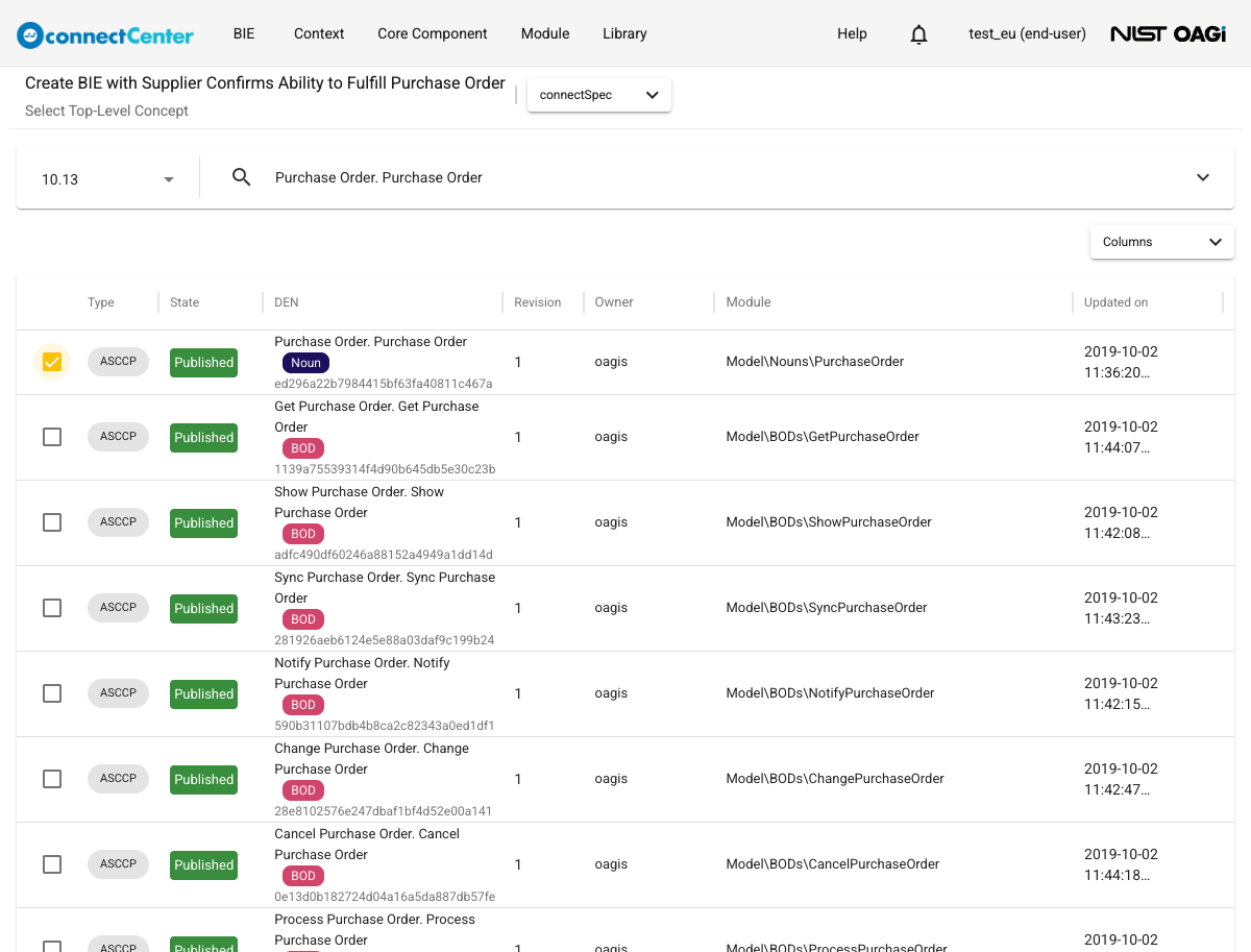 Create BIE page on the Select Top-Level Concept step with branch 10.13 selected and the Purchase Order. Purchase Order ASCCP, tagged Noun, checked among the BOD rows