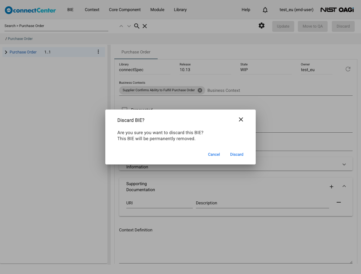 Discard BIE dialog asking Are you sure you want to discard this BIE, warning that the BIE will be permanently removed, with the Discard and Cancel buttons