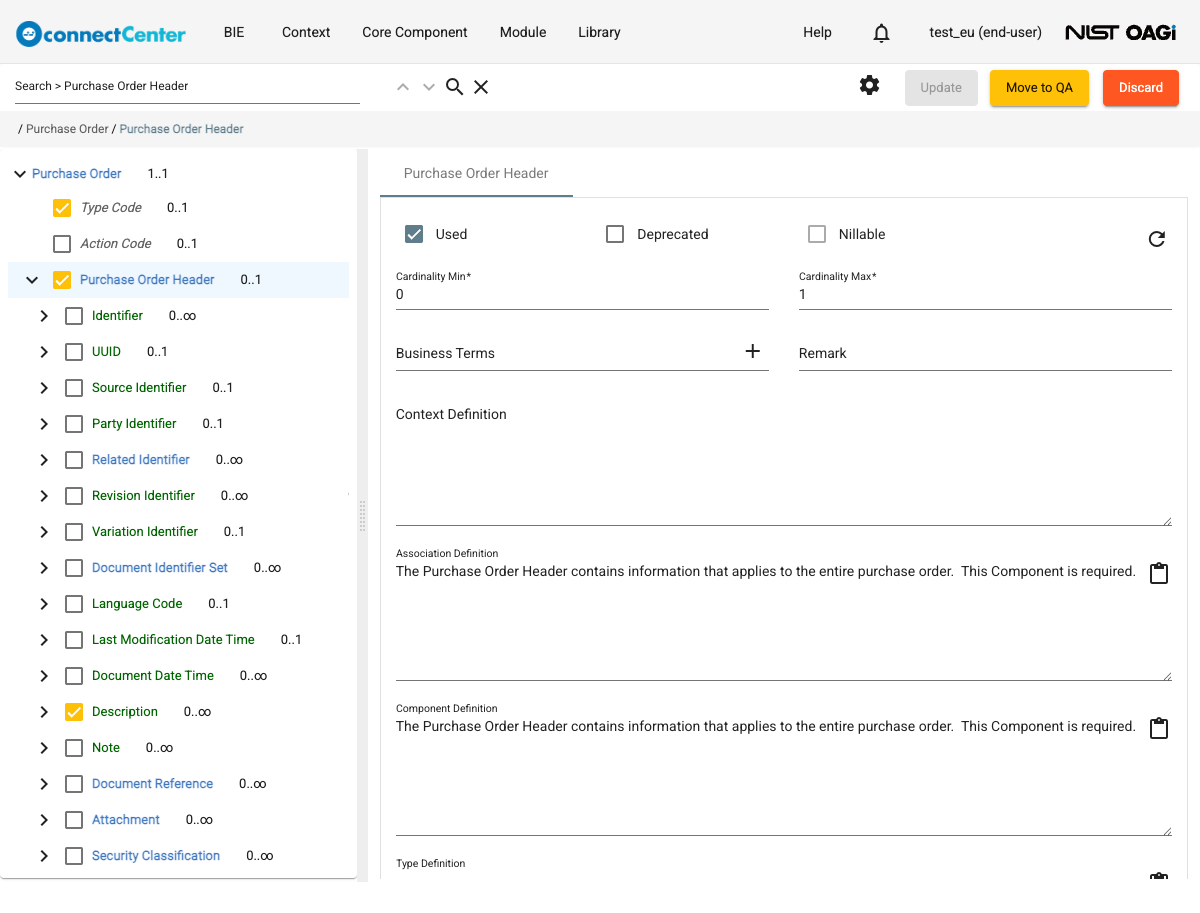 Edit BIE page with a used aggregate node, Purchase Order Header, selected, showing the Used, Deprecated and Nillable checkboxes, the Cardinality Min and Cardinality Max fields, the Business Terms field, Remark, Context Definition, and the read-only Association, Component and Type Definitions