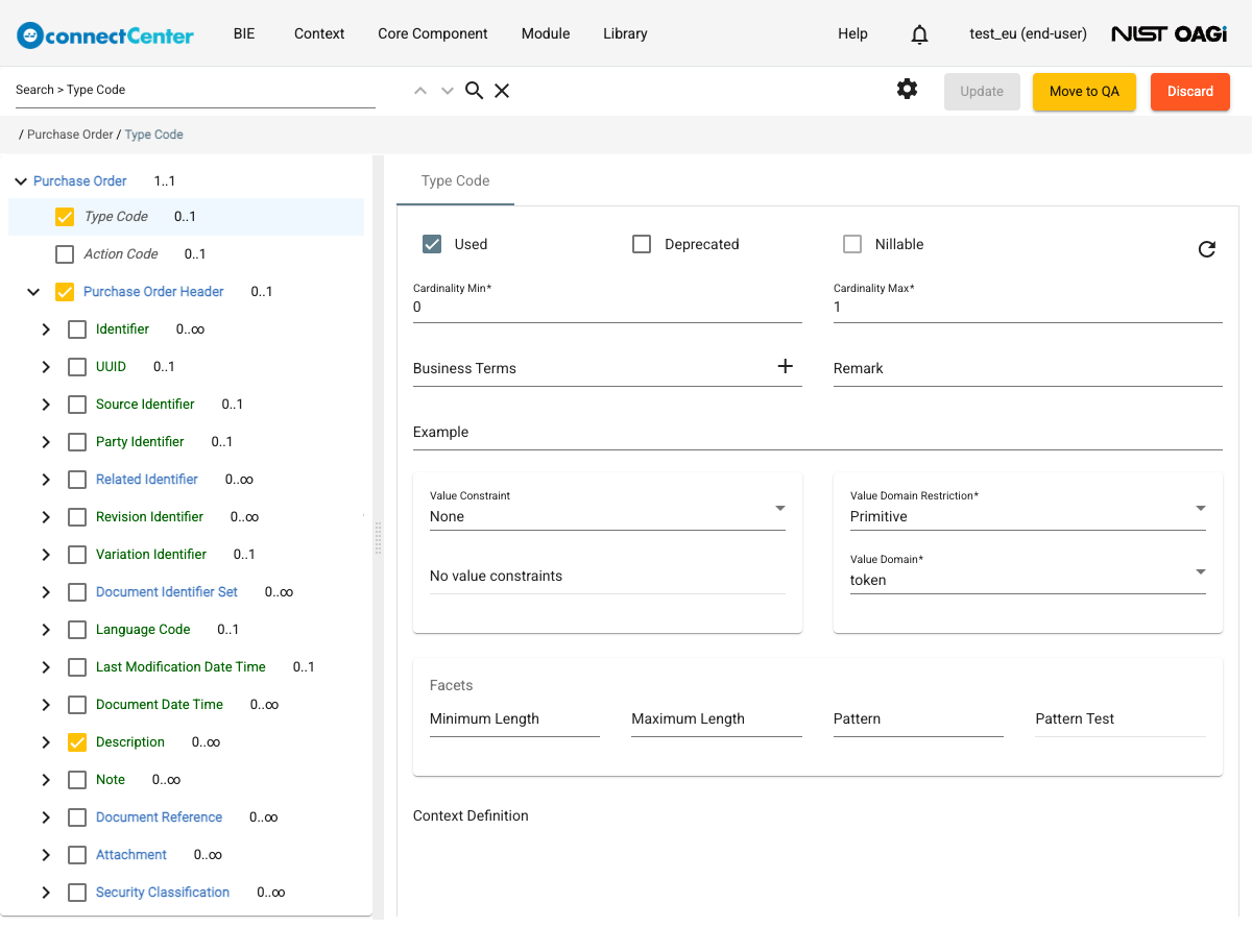 Edit BIE page with a used value node, Type Code, selected, showing the Value Constraint selector set to None, the Value Domain Restriction selector set to Primitive with the token Value Domain, and the Facets card with Minimum Length, Maximum Length, Pattern and Pattern Test