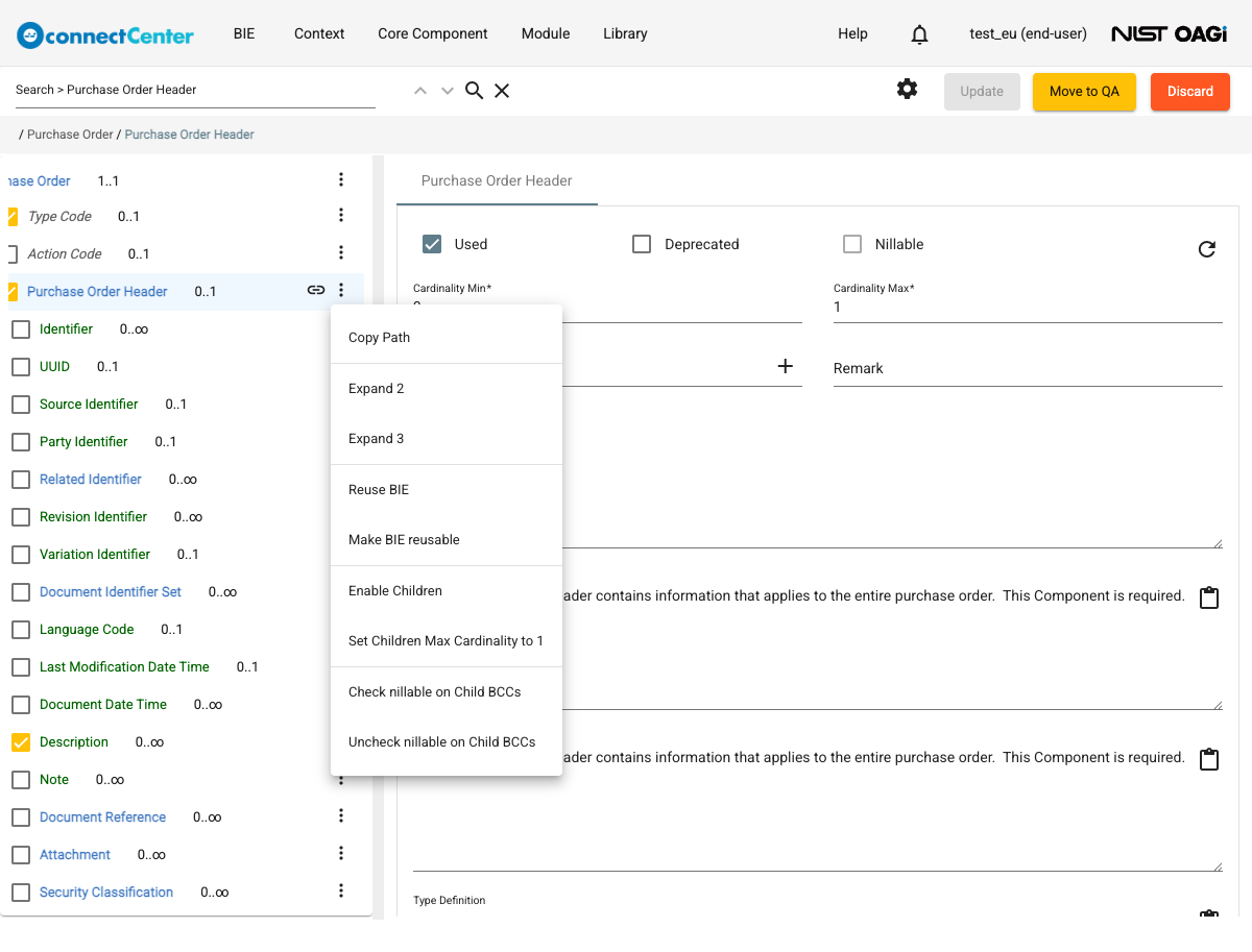 Context menu of an aggregate BIE node, listing Copy Path, Expand 2, Expand 3, Reuse BIE, Make BIE reusable, Enable Children, Set Children Max Cardinality to 1, and Check and Uncheck nillable on Child BCCs