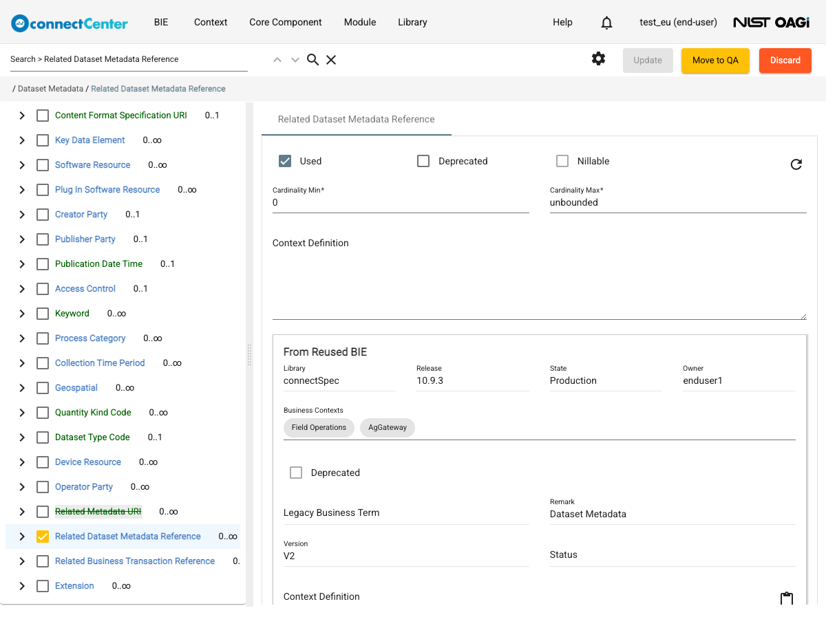 Edit BIE page with a reused node selected, showing the editable association fields and the read-only From Reused BIE section with the reused BIE's release, state, owner and business contexts