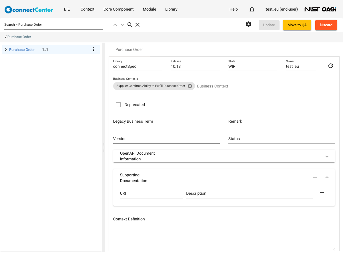 Edit BIE page with the root node selected, showing the tree pane with cardinalities, the toolbar with the Update, Move to QA and Discard buttons, and the root detail pane with the Business Contexts chips, Version, Status, OpenAPI Document Information and Supporting Documentation panels