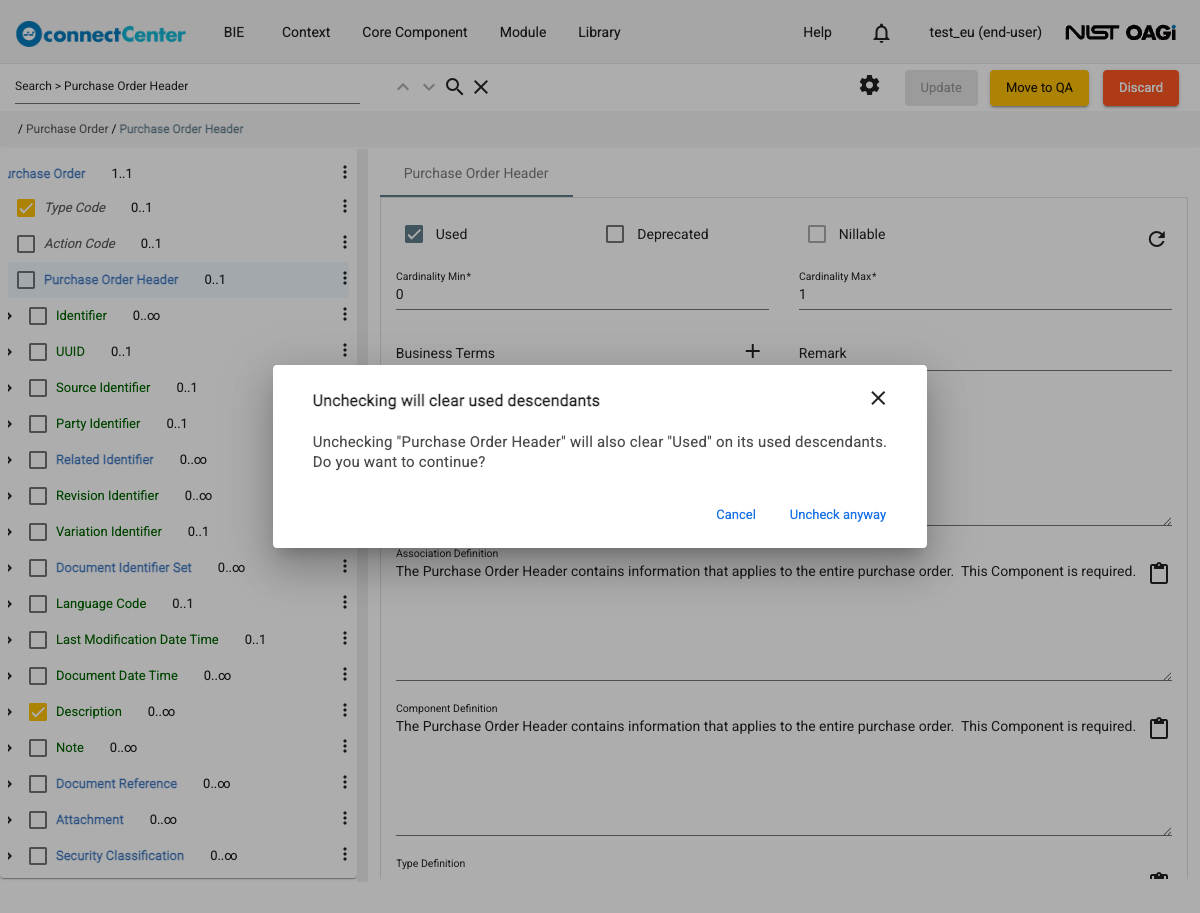 Confirmation dialog titled Unchecking will clear used descendants, warning that unchecking Purchase Order Header will also clear Used on its used descendants, with the Cancel and Uncheck anyway buttons