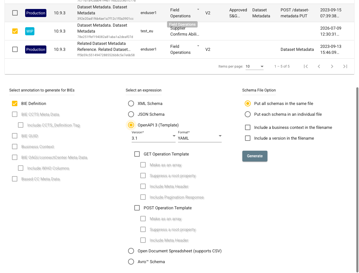 Express BIE page with the OpenAPI 3 Template expression selected, showing the Version and Format fields and the GET and POST Operation Template options