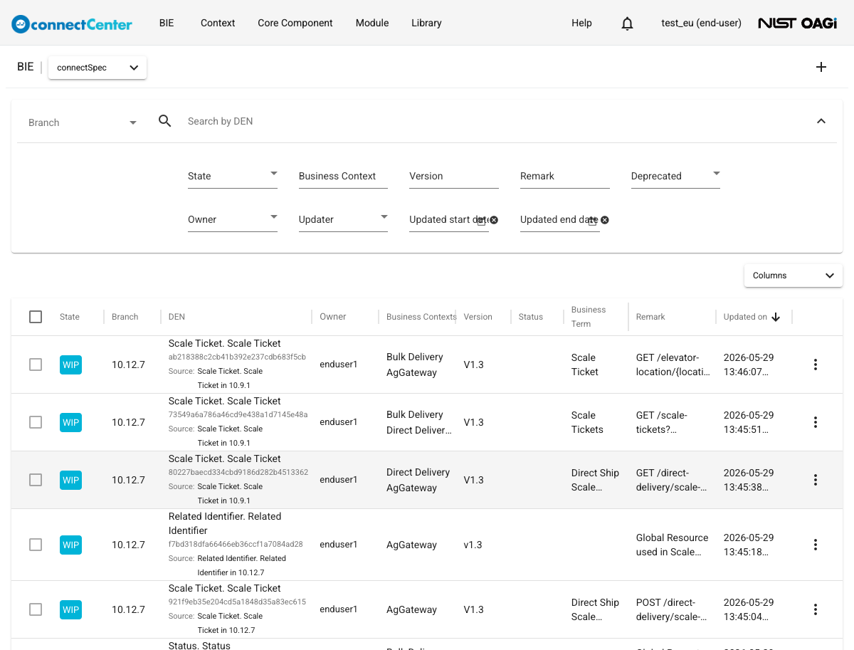 BIE list page with the advanced search area expanded, showing the State, Business Context, Version, Remark, Deprecated, Owner, Updater, and updated-date filters