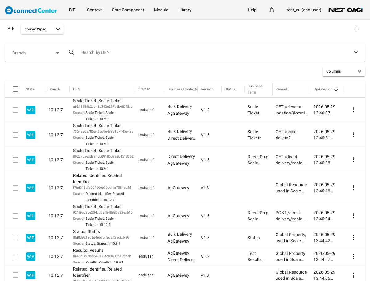 BIE list page showing the Branch filter, the Search by DEN bar, the Columns chooser, and rows with the State, Branch, DEN, Owner, Business Contexts, Version, Status, Business Term, Remark and Updated on columns