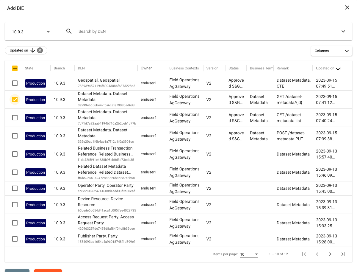 Add BIE dialog listing Production BIEs on branch 10.9.3 with one BIE checked