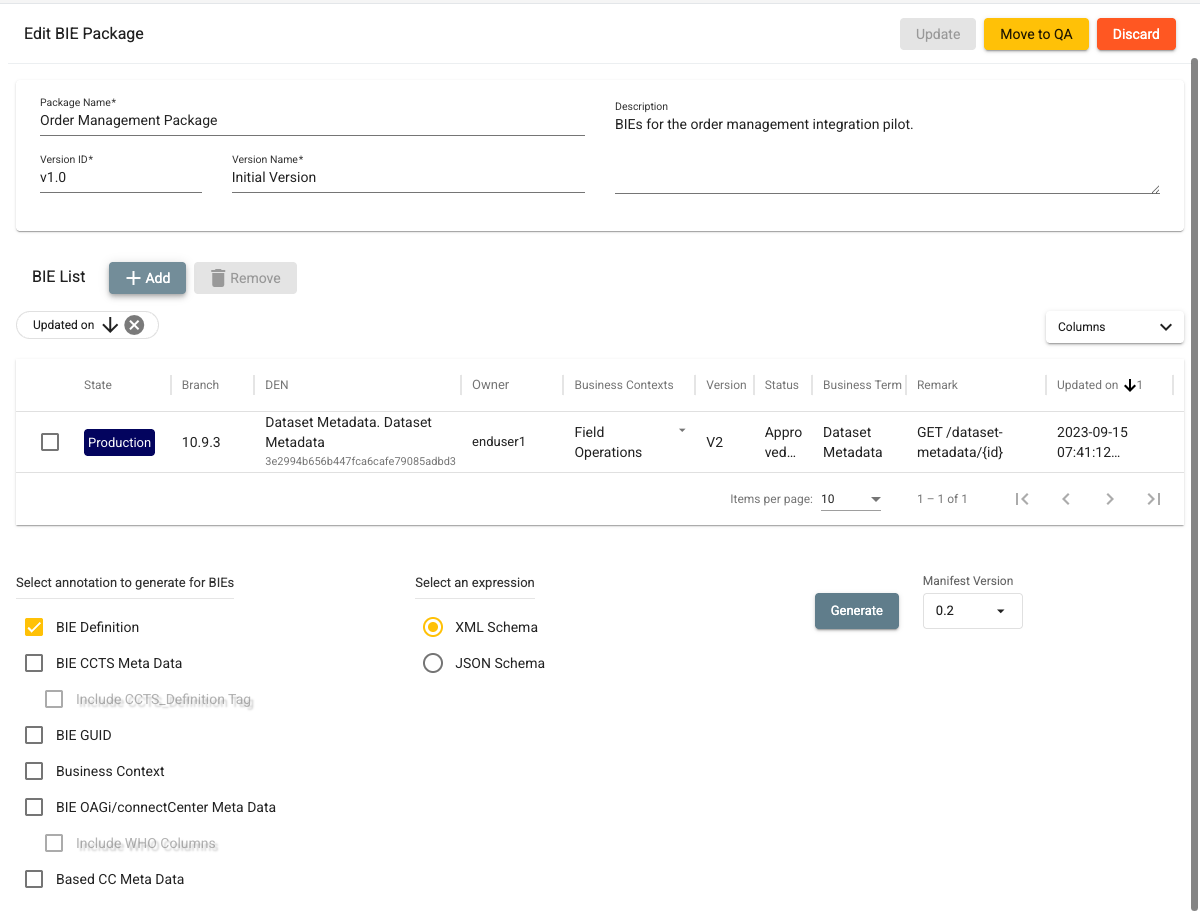 Edit BIE Package page showing the package fields, the BIE List with one Production BIE, the annotation checkboxes, the XML Schema and JSON Schema radio buttons, and the Generate button with the Manifest Version drop-down