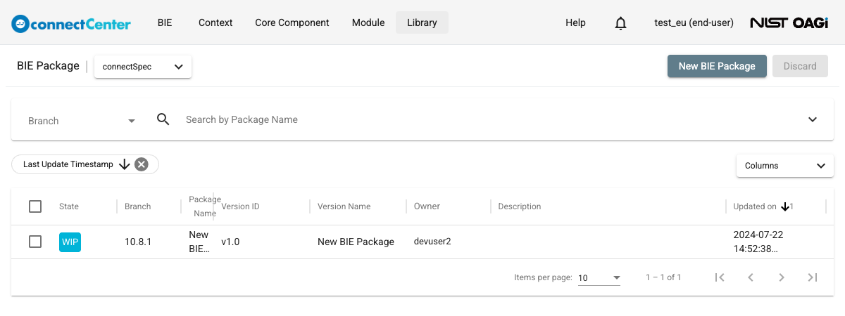 BIE Package list page with the connectSpec library selected, showing a WIP package row and the New BIE Package and Discard buttons