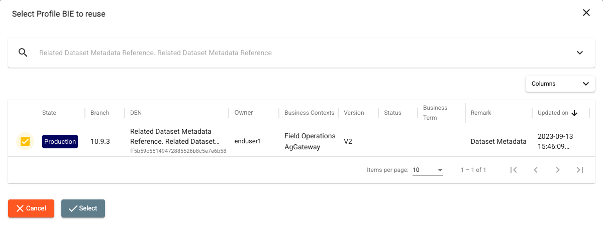 Select Profile BIE to reuse dialog listing one Production BIE with its checkbox selected and the Cancel and Select buttons