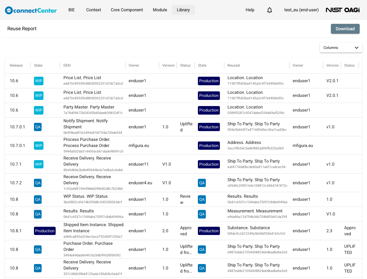 Reuse Report page with the Download button, listing reusing BIEs on the left and the corresponding reused BIEs on the right