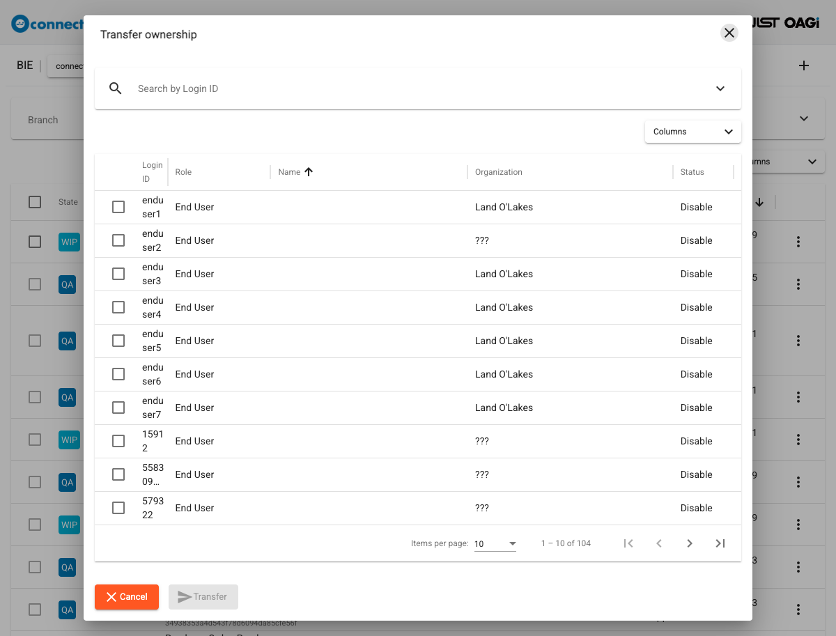 Transfer ownership dialog listing end-user accounts with the Login ID, Role, Name, Organization and Status columns and the Cancel and Transfer buttons