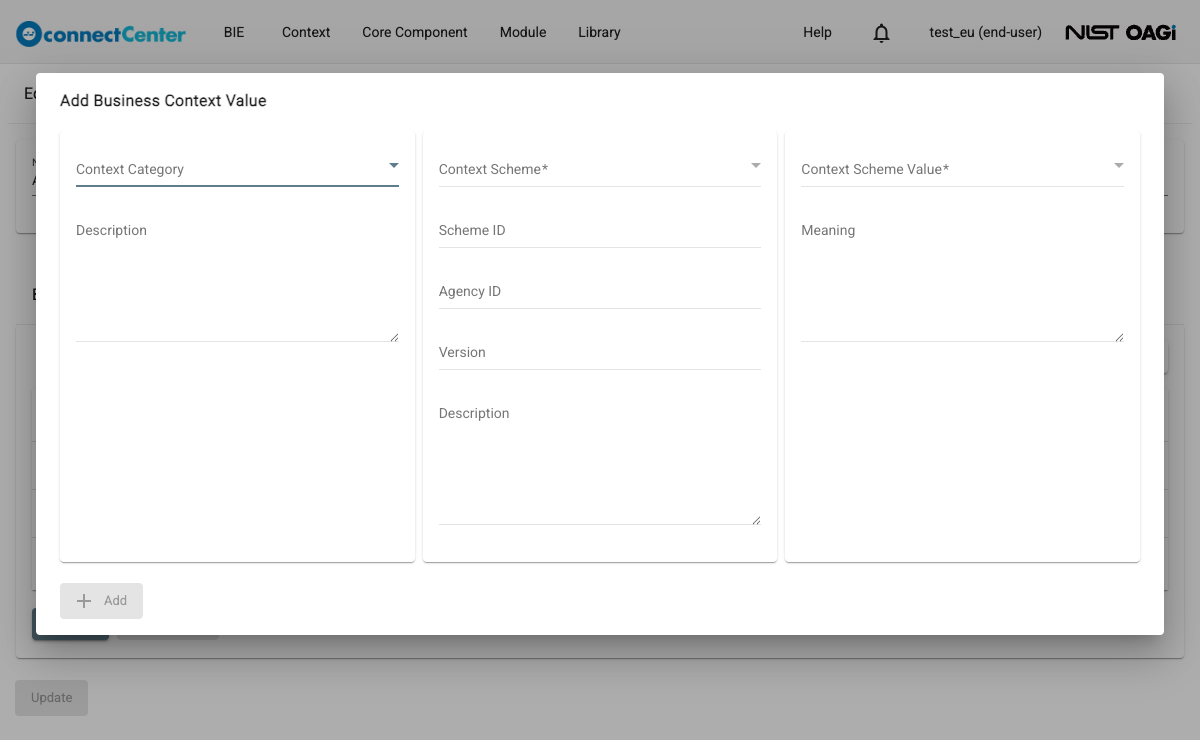 Add Business Context Value dialog with the Context Category, Context Scheme and Context Scheme Value selectors and their read-only companion fields, and the Add button