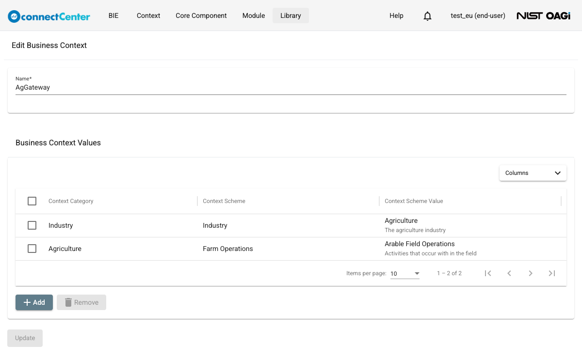 Edit Business Context page with the Name field and the Business Context Values table showing the Context Category, Context Scheme and Context Scheme Value columns with the Add and Remove buttons