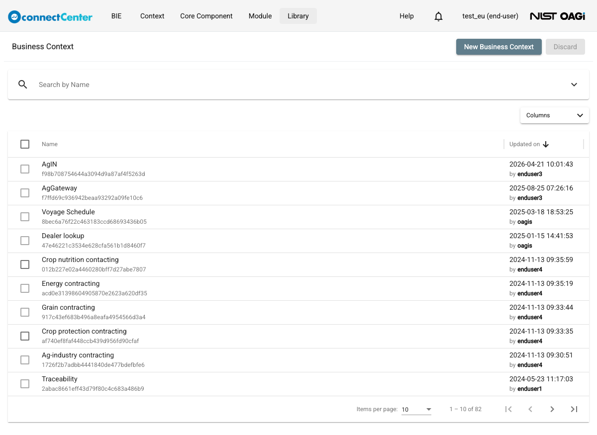 Business Context page listing business contexts with the Name and Updated on columns, the Search by Name bar, and the New Business Context and Discard buttons