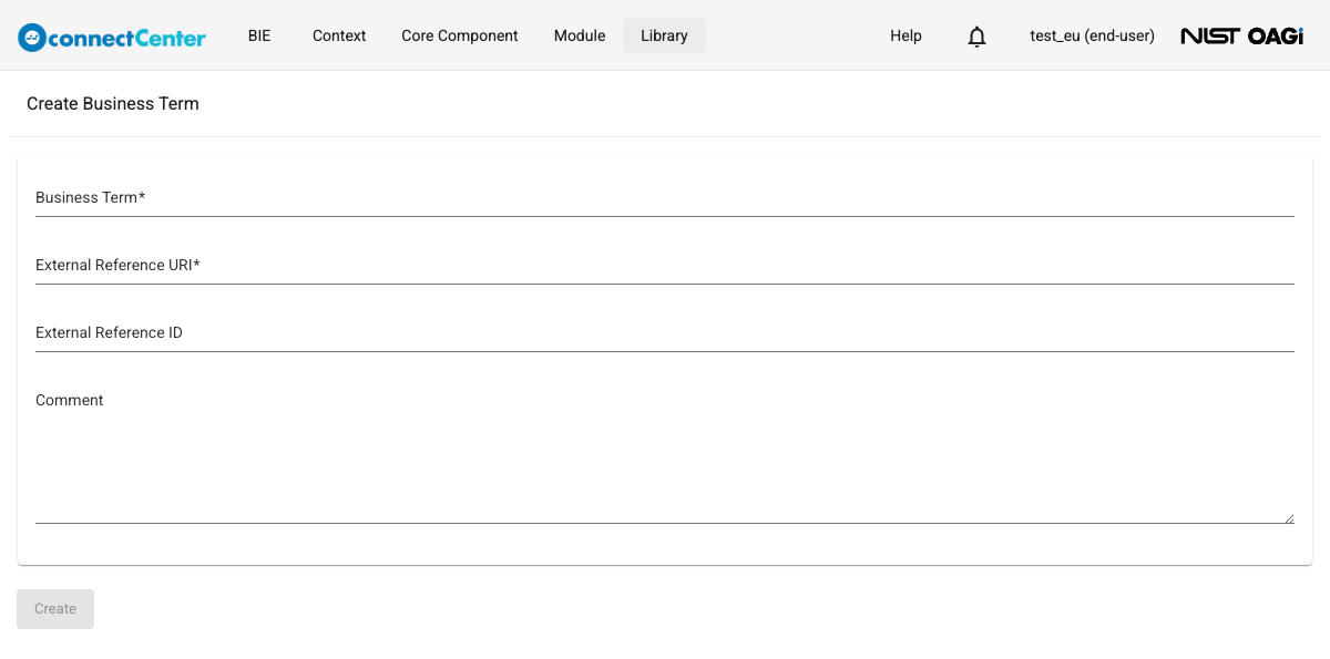 Create Business Term page with the Business Term, External Reference URI, External Reference ID, and Comment fields and the Create button
