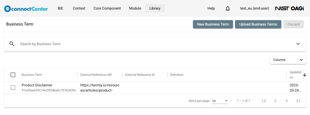 Business Term list page with the New Business Term, Upload Business Terms, and Discard buttons and one business term row