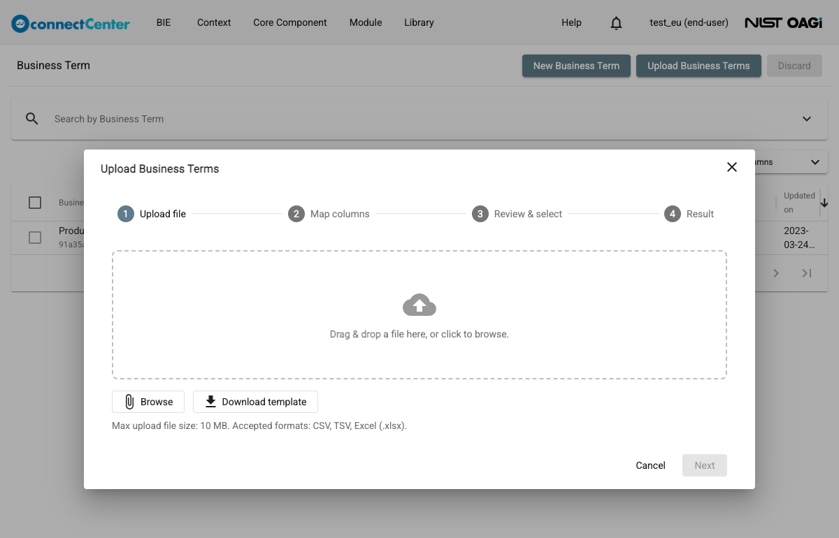 Upload Business Terms wizard on the Upload file step with the drop zone, Browse and Download template buttons, and the file size and format hint