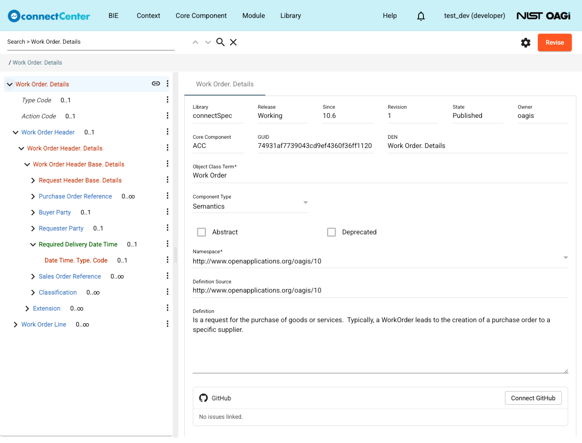 Work Order. Details ACC detail page showing the tree with all five node formats on the left and the ACC fields on the right