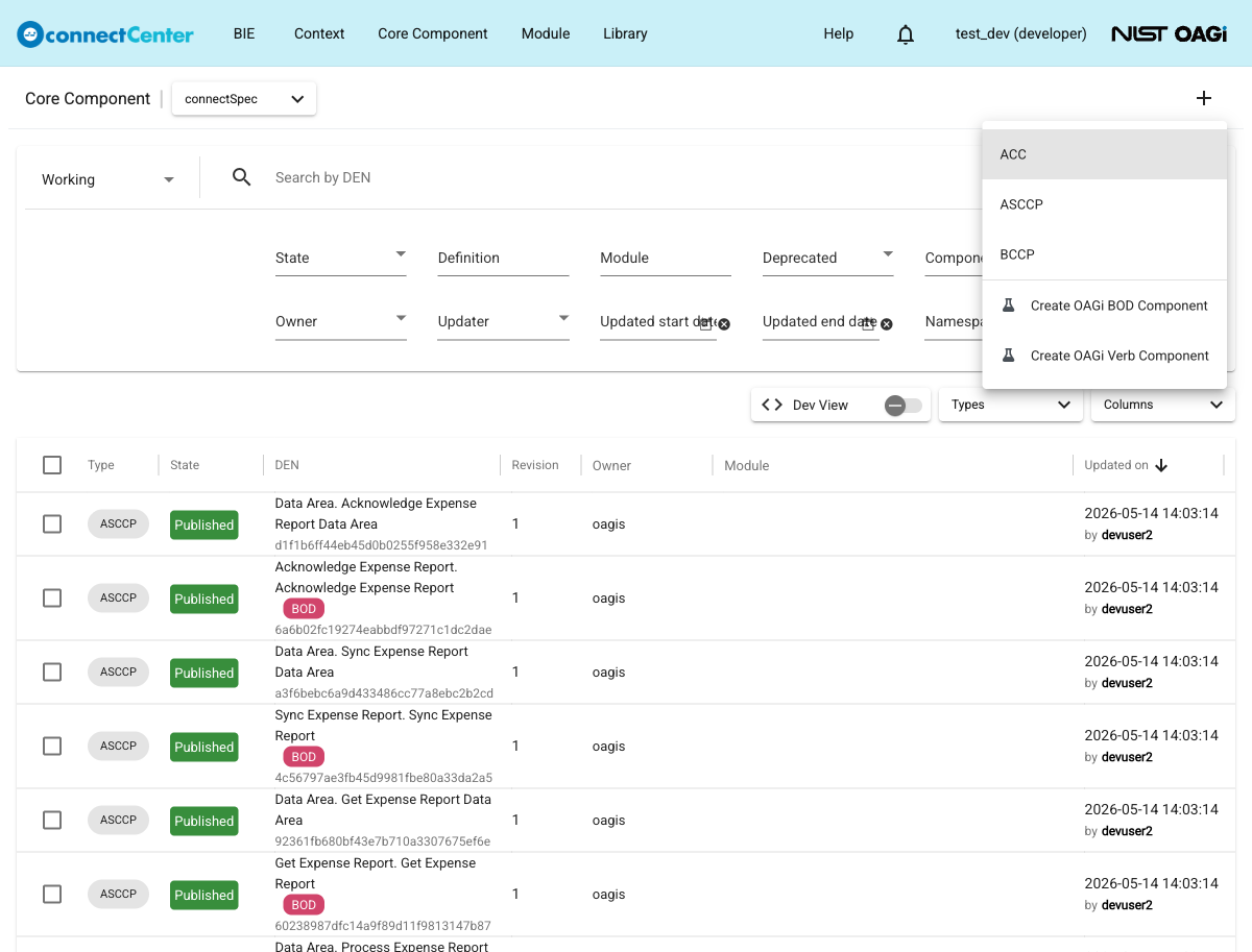 Create menu of the Core Component page showing the ACC, ASCCP, BCCP, Create OAGi BOD Component, and Create OAGi Verb Component items