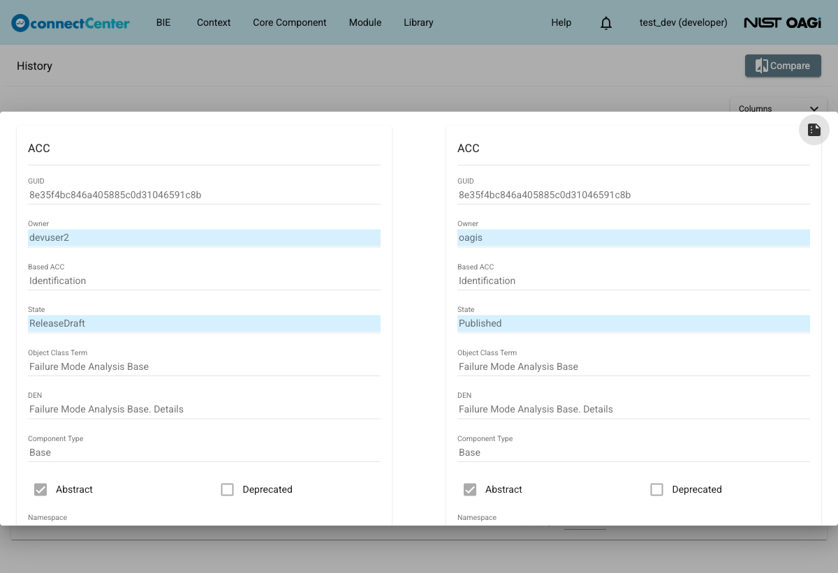 History compare dialog showing two revisions of an ACC side by side with the changed Owner and State fields highlighted in blue