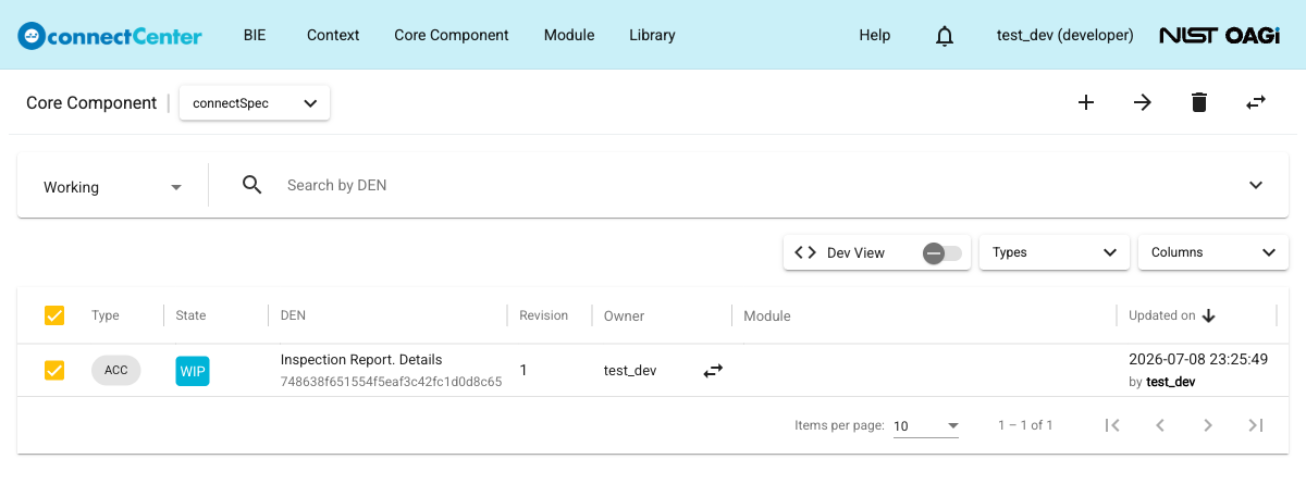 Core Component page with a WIP ACC selected and the state-change, delete, and transfer-ownership icons displayed at the top right