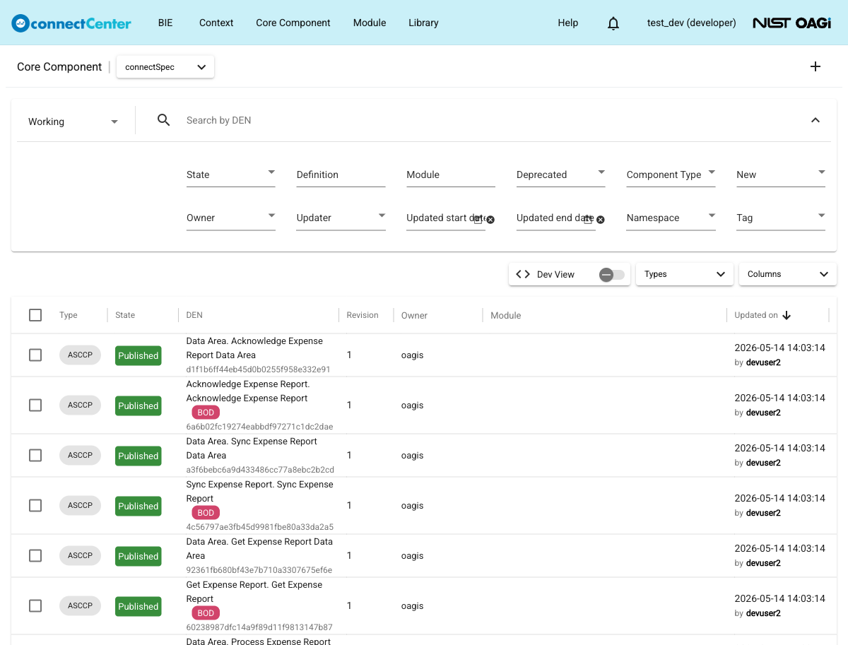 Core Component page with the Advanced Search panel expanded, showing the State, Definition, Module, Deprecated, Component Type, New, Owner, Updater, Updated start date, Updated end date, Namespace, and Tag filters