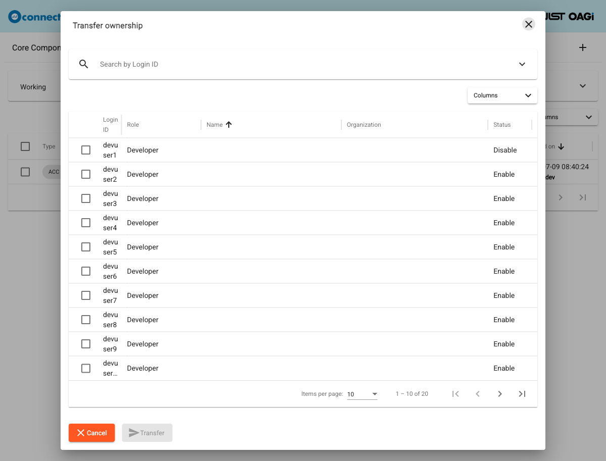 Transfer ownership dialog listing developer accounts with the Cancel and Transfer buttons