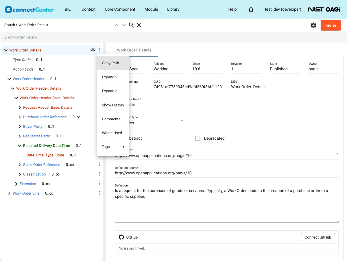 Context menu of a tree node showing the Copy Path, Expand 2, Expand 3, Show History, Comments, Where Used, and Tags items