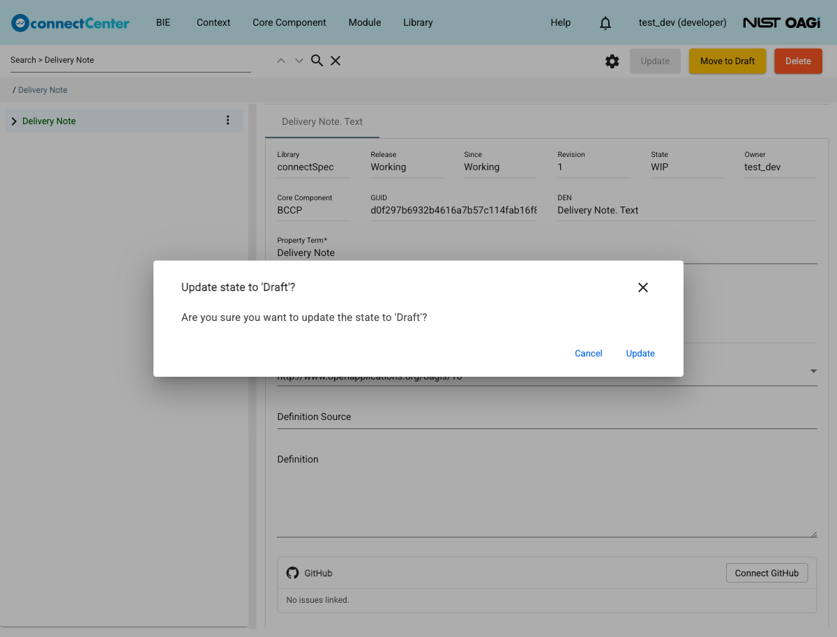 Update state to Draft dialog asking Are you sure you want to update the state to Draft, with the Update and Cancel buttons