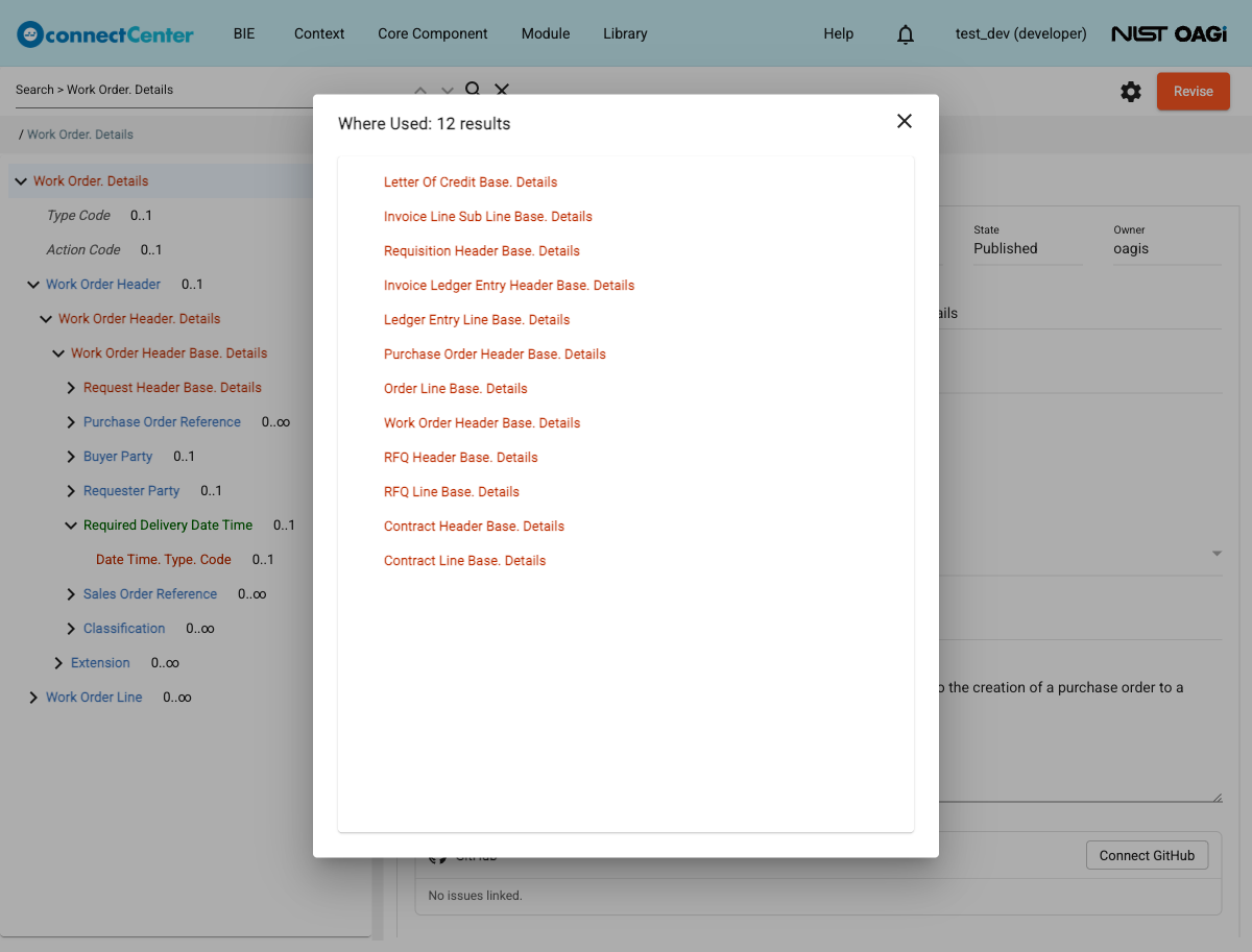 Where Used dialog listing the ACCs that reference the selected component