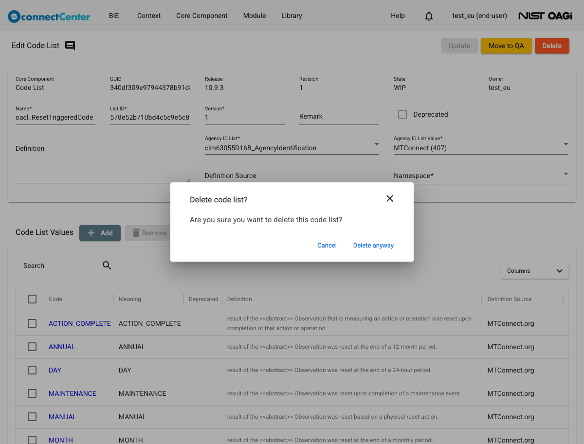 Delete code list dialog over the Edit Code List page asking Are you sure you want to delete this code list, with the Cancel and Delete anyway buttons