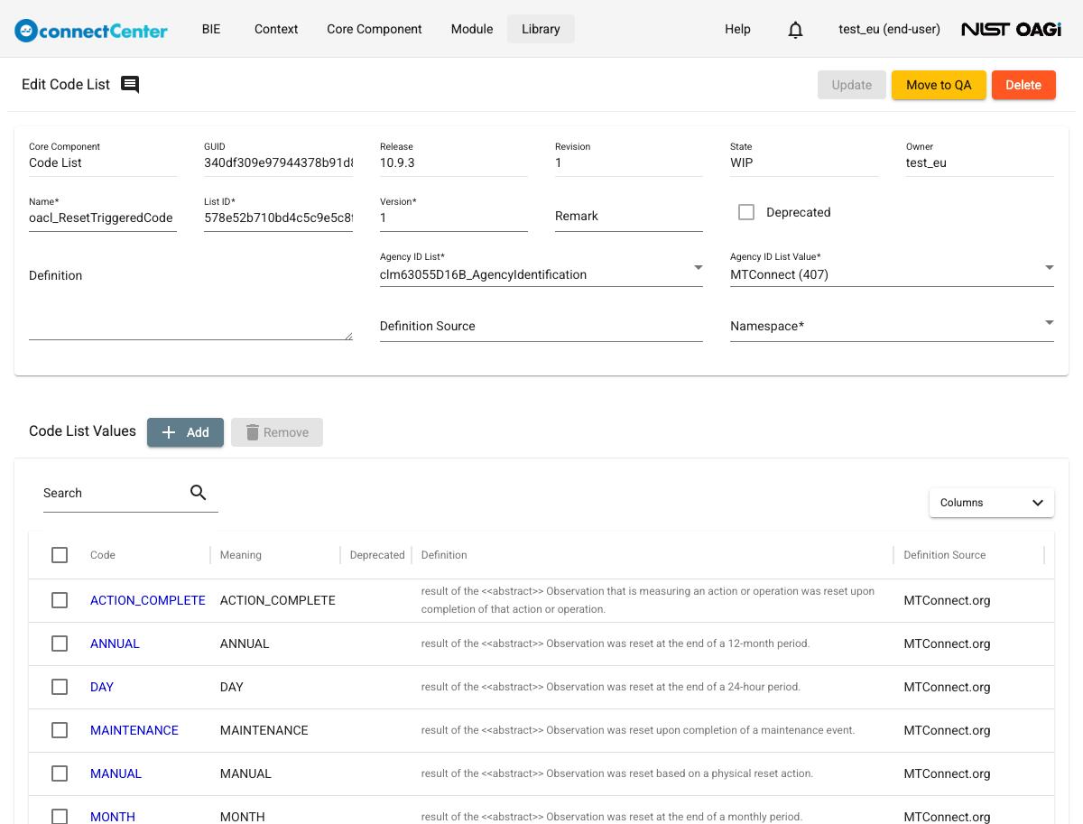 Edit Code List page of the derived end-user code list in the WIP state, with the Update, Move to QA, and Delete buttons and the Code List Values table with Add and Remove buttons